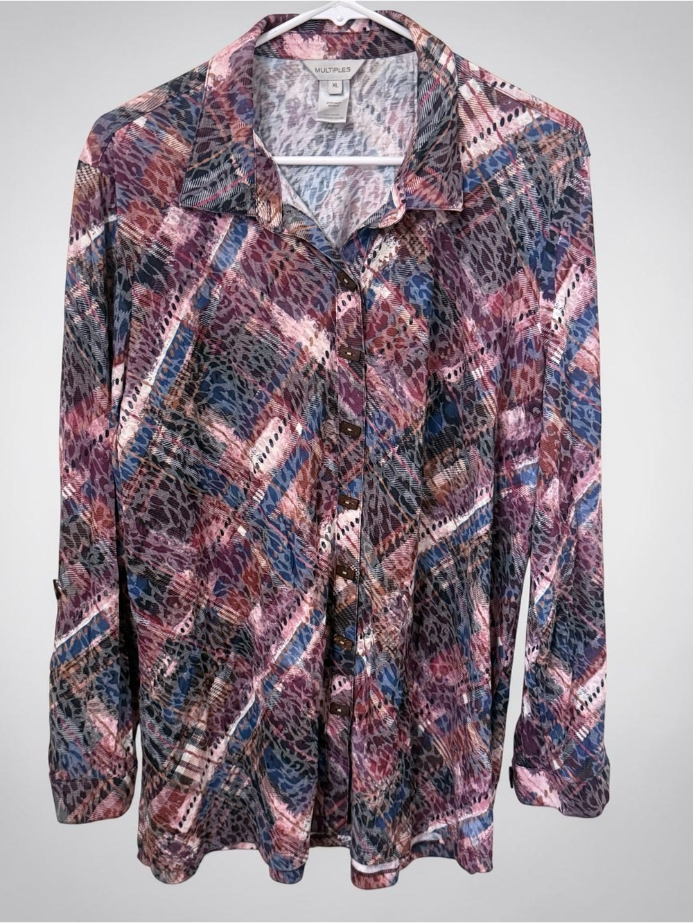 Multiples Pink and Blue Abstract-Print Button Down Shirt Decor Brown Buttons